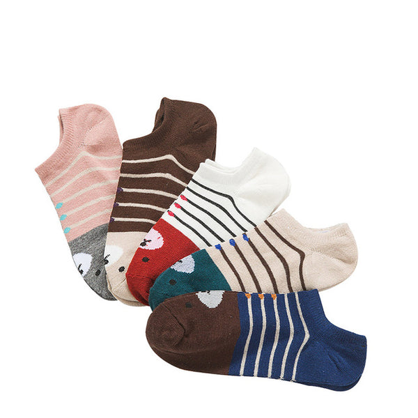 Striped Bear Print Ankle Socks